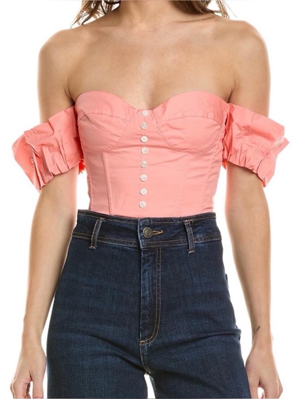 Staud Off-Shoulder Coral Pink Button-Front Bustier Top NWT